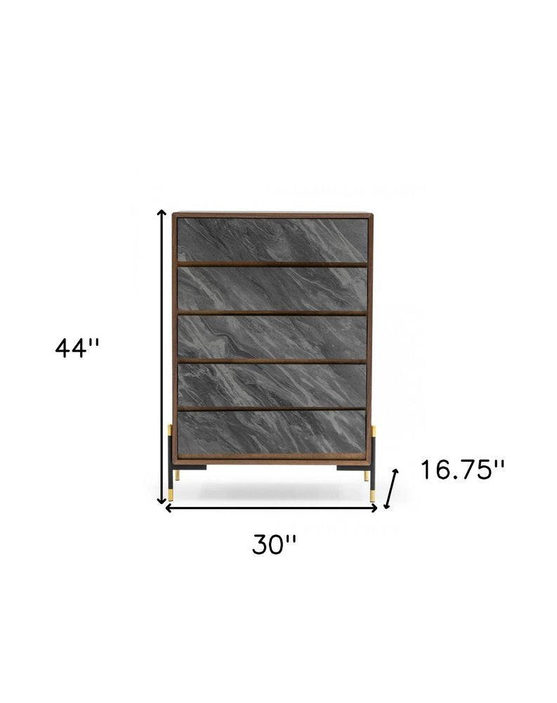 30" Gray And Walnut Faux Marble And Wood Five Drawer Dresser