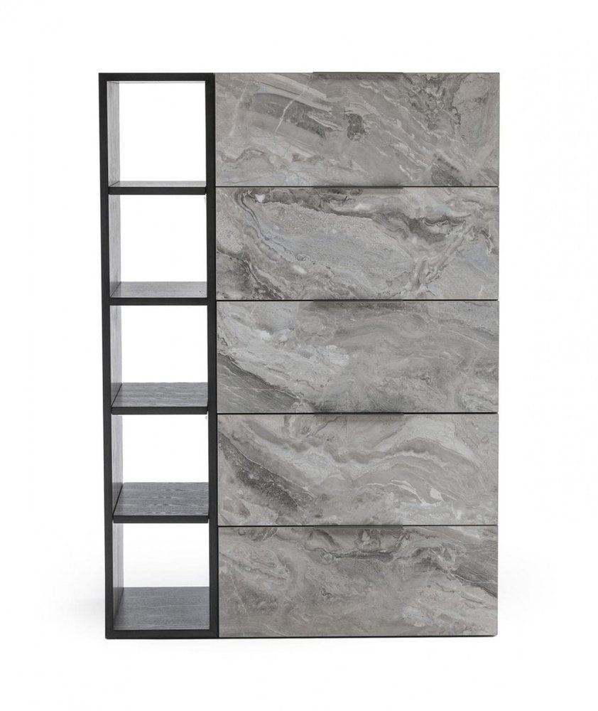 35" Gray Faux Marble And Wood Five Drawer Dresser