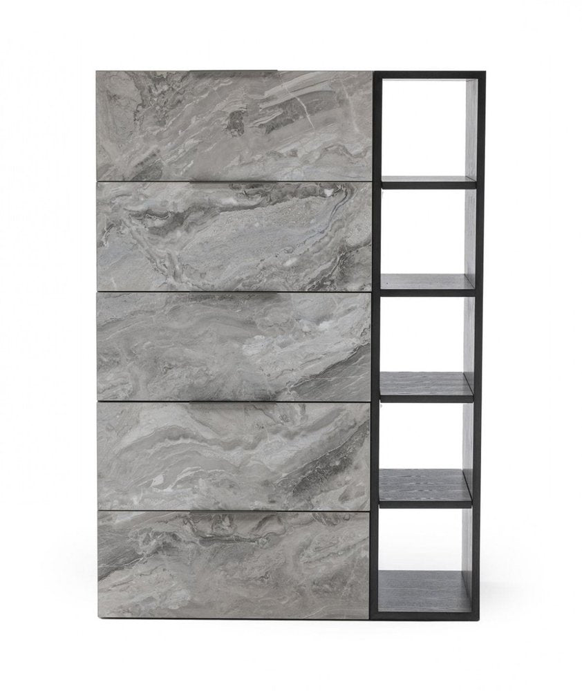35" Gray Faux Marble And Wood Five Drawer Dresser