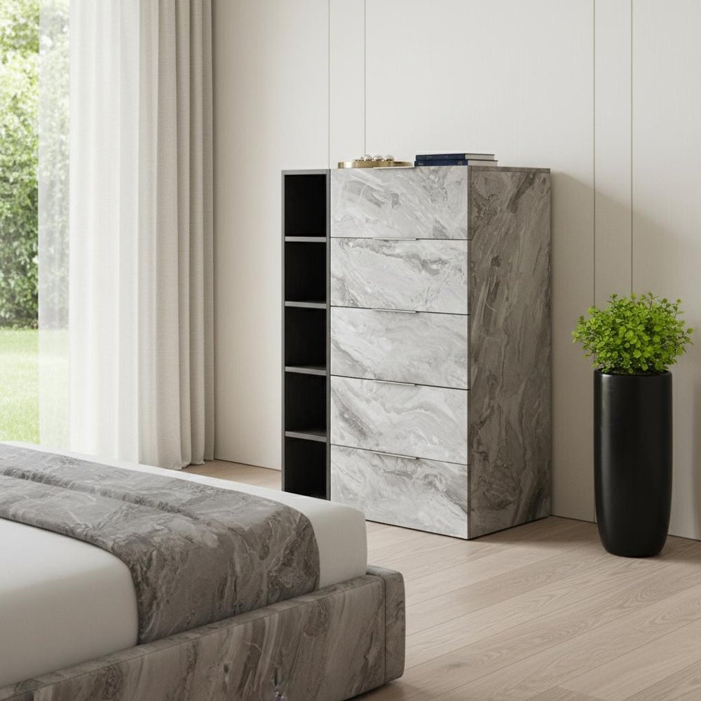 35" Gray Faux Marble And Wood Five Drawer Dresser