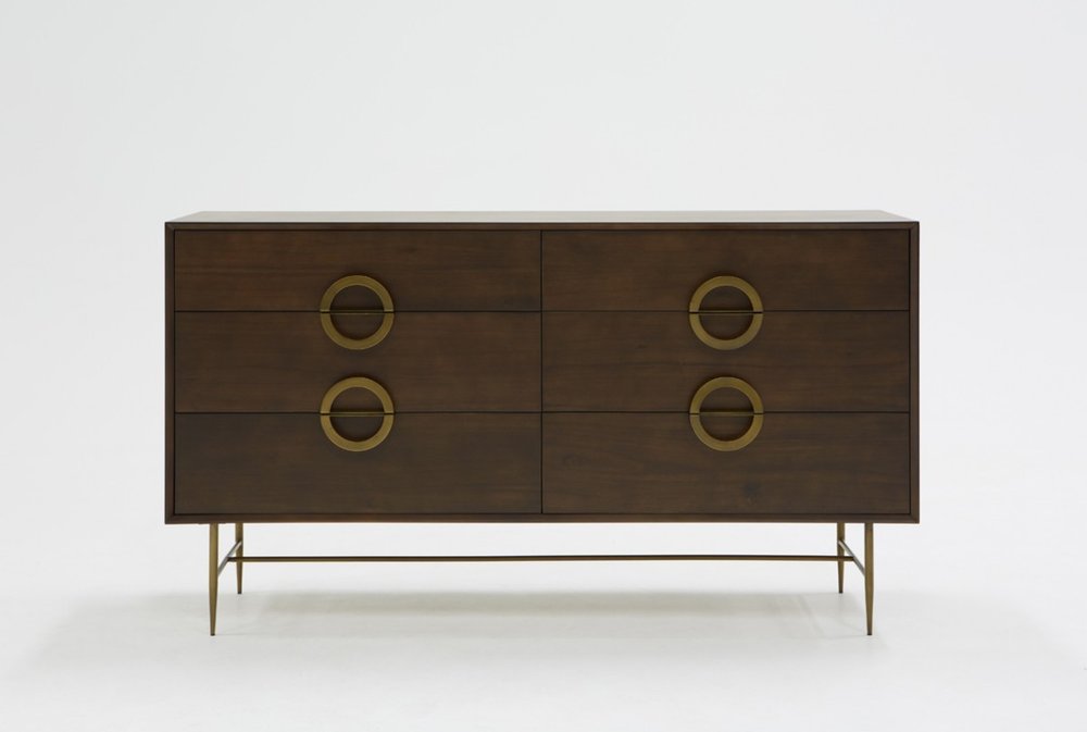 65" Dark Brown Solid Wood Six Drawer Double Dresser