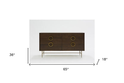 65" Dark Brown Solid Wood Six Drawer Double Dresser
