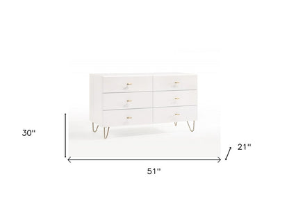51" White Wood Six Drawer Double Dresser