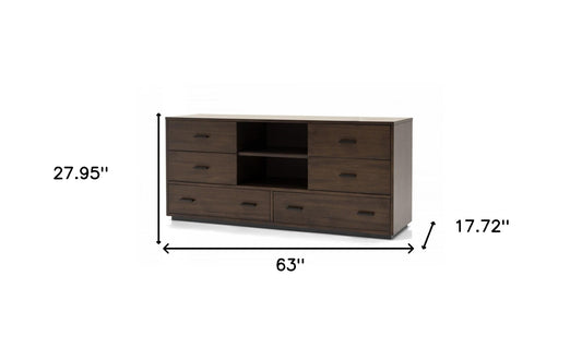 63" Walnut Six Drawer Double Dresser