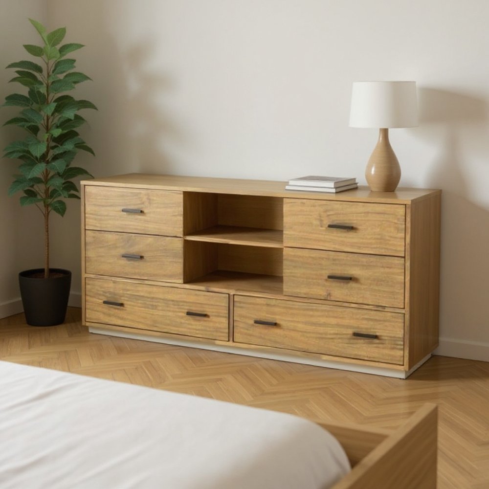 28" Brown Wood Six Drawer Combo Dresser