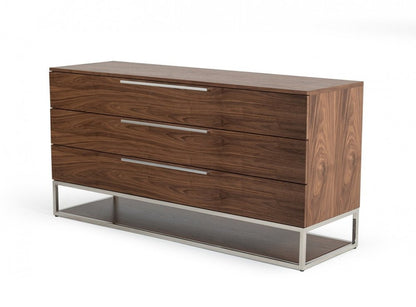 58" Brown Wood Three Drawer Dresser