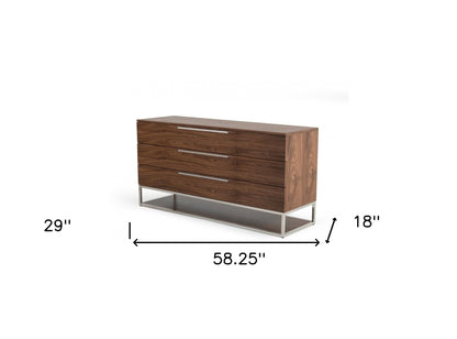 58" Walnut Manufactured Wood Three Drawer Dresser