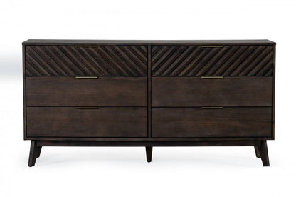 65" Dark Brown Solid Wood Six Drawer Double Dresser