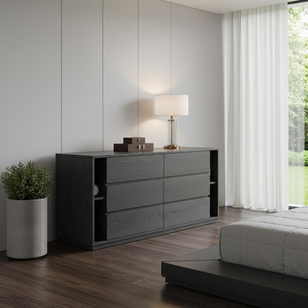 63" Gray Solid Wood Six Drawer Double Dresser