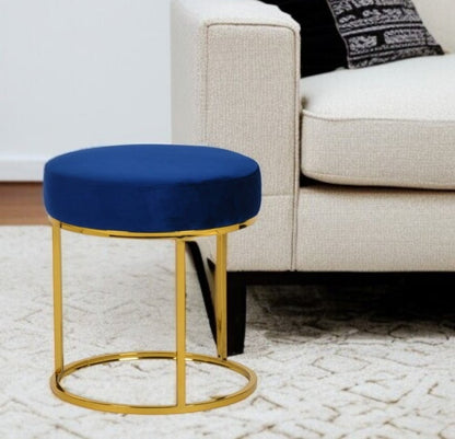 16" Blue Velvet And Gold Round Footstool Ottoman