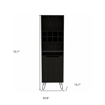 71" Black Tall Bar Cabinet with Two Door Panels and Top Wine Glass Rack