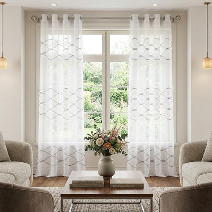Set of Two 96"  White Wave Embroidered Window Panels