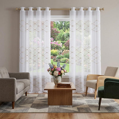 Set of Two 96" Gold and White SemiSheer Curtains