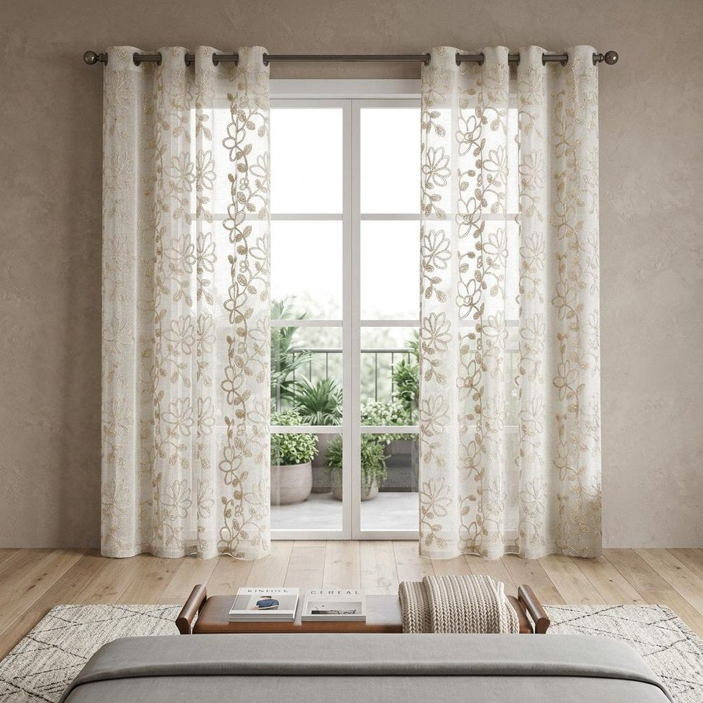 Set of Two 84"  Tan Floral Embroidered Window Panels