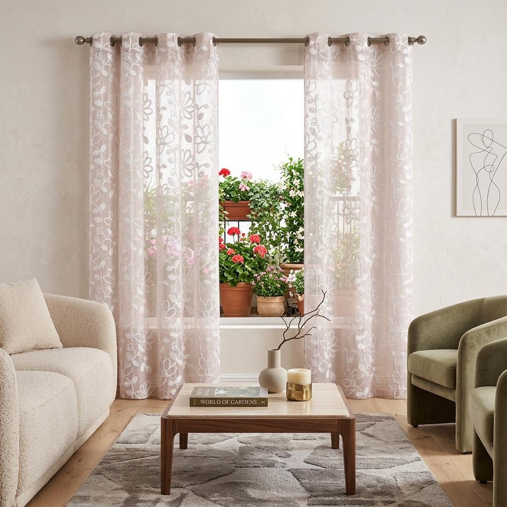 Set of Two 84"  Blush Floral Embroidered Window Panels
