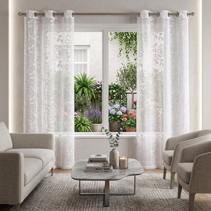 Set of Two 84"  White Floral Embroidered Window Panels