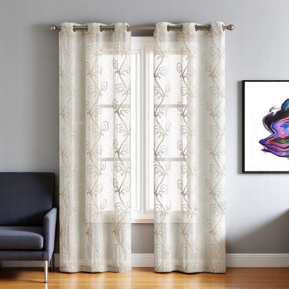 Set of Two 84" Beige Boho Embroidered Window Panels