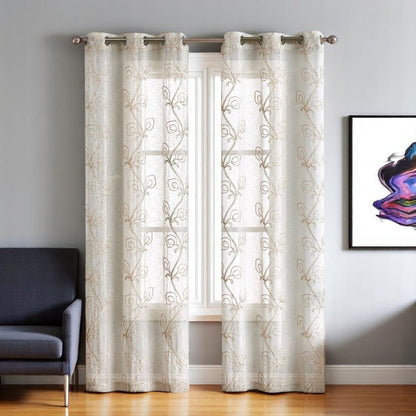 Set of Two 84" Beige Boho Embroidered Window Panels