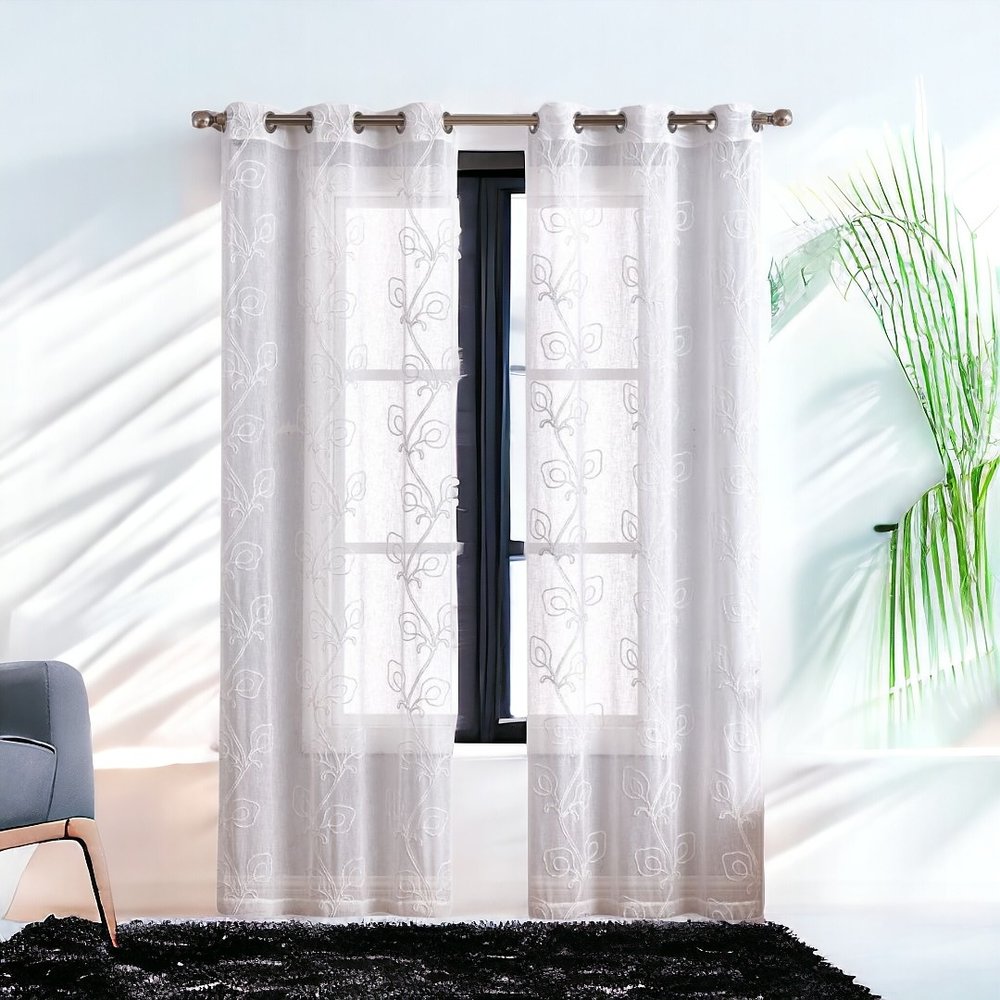 Set of Two 96.00" White Semi-Sheer Curtains
