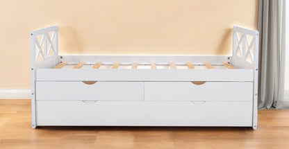 White Cross Back Wood Twin With Two Drawers Bed Frame with Trundle