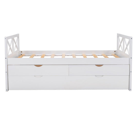 White Cross Back Wood Twin With Two Drawers Bed Frame with Trundle