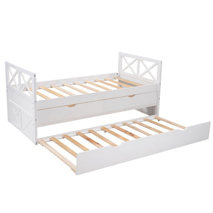 White Cross Back Wood Twin With Two Drawers Bed Frame with Trundle