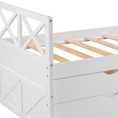White Cross Back Wood Twin With Two Drawers Bed Frame with Trundle