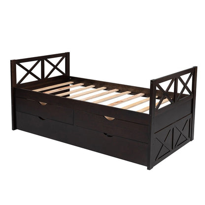 Espresso Cross Back Wood Twin With Two Drawers Bed Frame with Trundle
