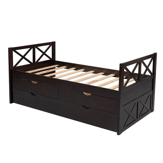 Espresso Cross Back Wood Twin With Two Drawers Bed Frame with Trundle