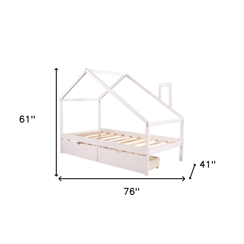 White Wood Twin Four Poster Bed Frame With Two Drawers