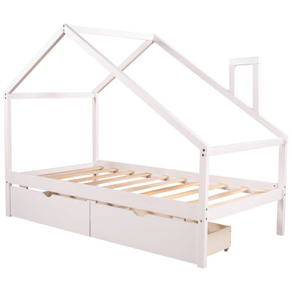 White Wood Twin Four Poster Bed Frame With Two Drawers