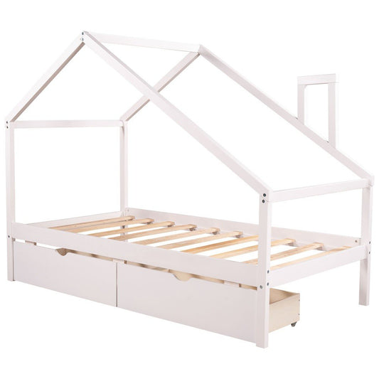 White Wood Twin Four Poster Bed Frame With Two Drawers