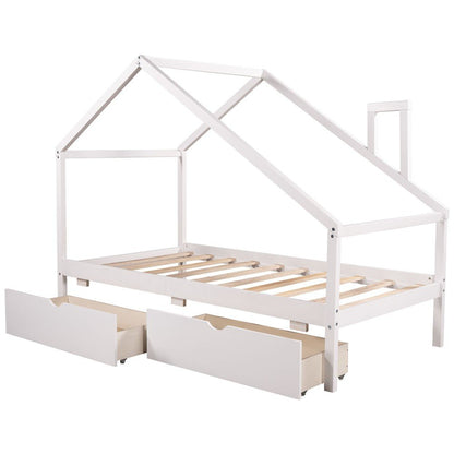 White Wood Twin Four Poster Bed Frame With Two Drawers