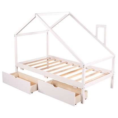 White Wood Twin Four Poster Bed Frame With Two Drawers