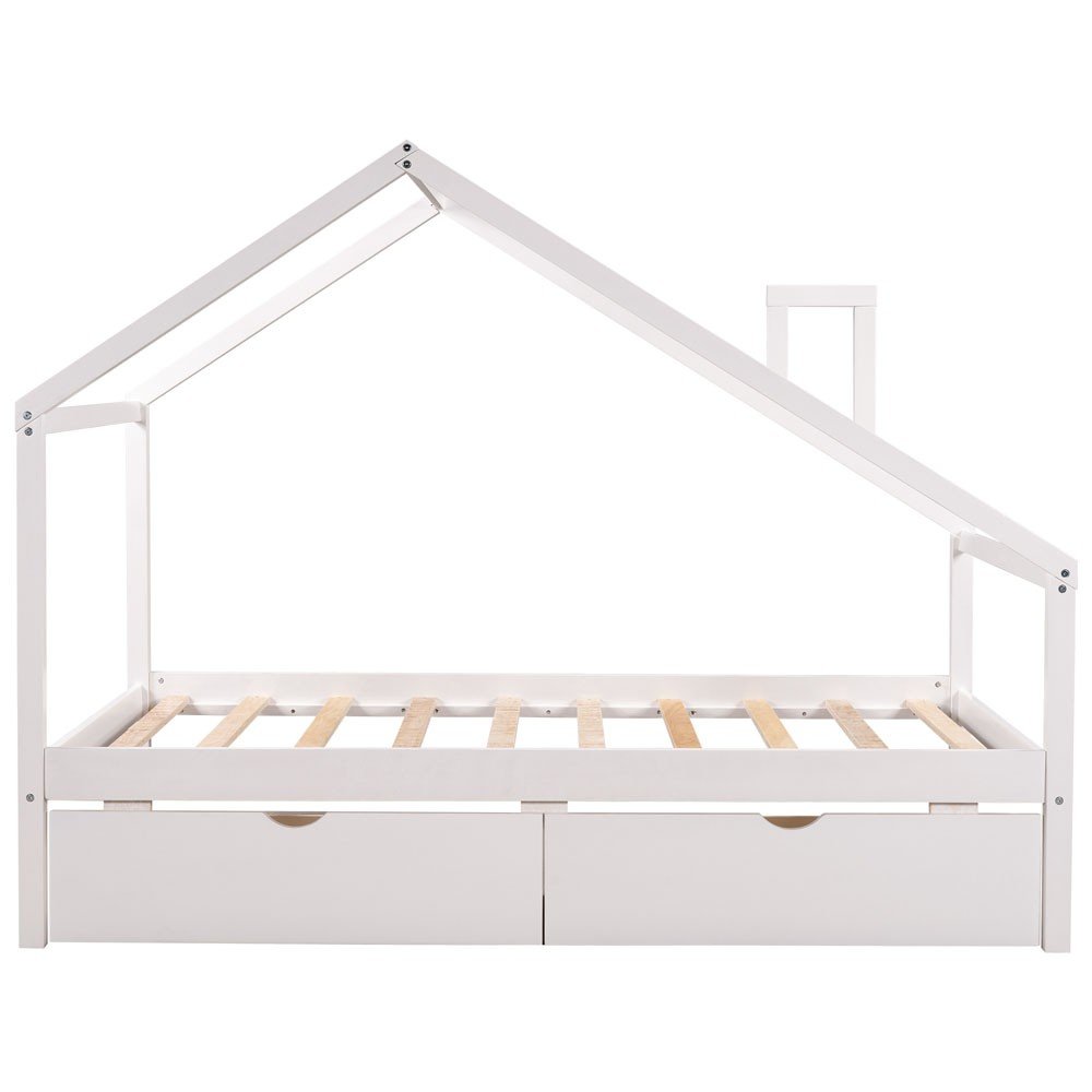 White Wood Twin Four Poster Bed Frame With Two Drawers