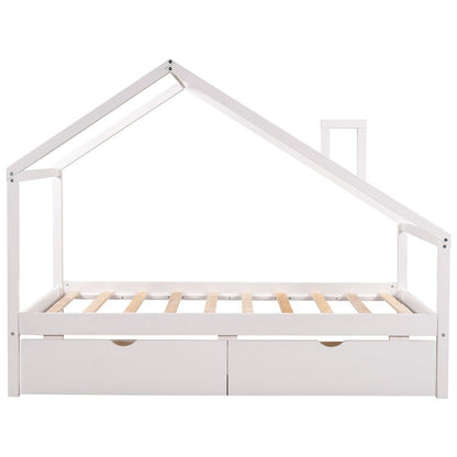 White Wood Twin Four Poster Bed Frame With Two Drawers