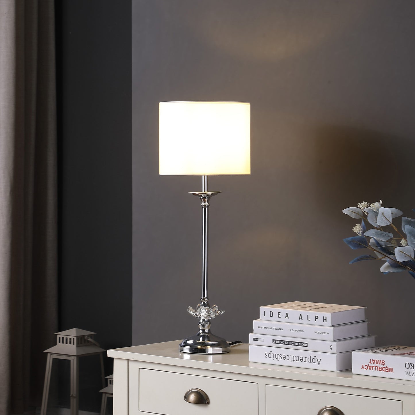 26" Silver Metal Table Lamp With White Globe Shade