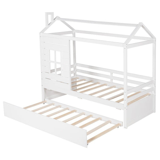 White Wood Twin Bed Frame with Trundle