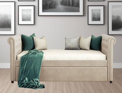 Beige Wood Tufted Upholstered Twin Bed Frame with Trundle