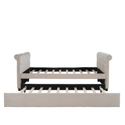 Beige Wood Tufted Upholstered Twin Bed Frame with Trundle