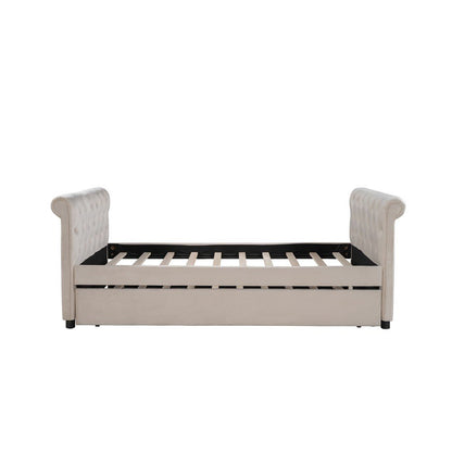 Beige Wood Tufted Upholstered Twin Bed Frame with Trundle
