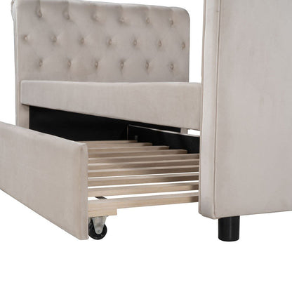 Beige Wood Tufted Upholstered Twin Bed Frame with Trundle