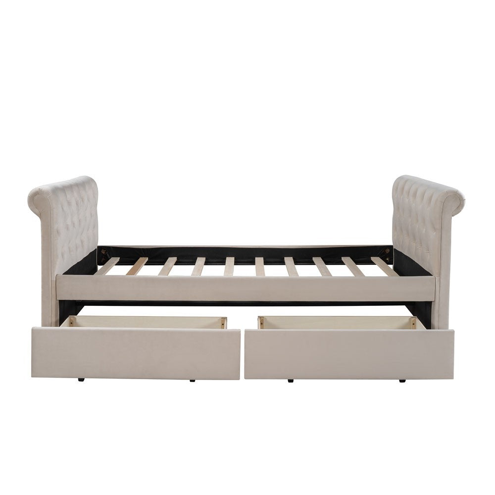 Beige Wood Tufted Upholstered Twin Bed Frame