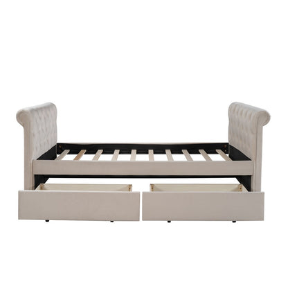 Beige Wood Tufted Upholstered Twin Bed Frame