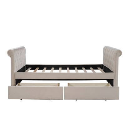 Beige Wood Tufted Upholstered Twin Bed Frame