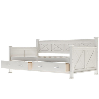 White Cross Back Wood Twin With Two Drawers Bed Frame