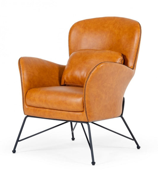 28" Brown And Black Faux Leather Arm Chair And Toss Pillow