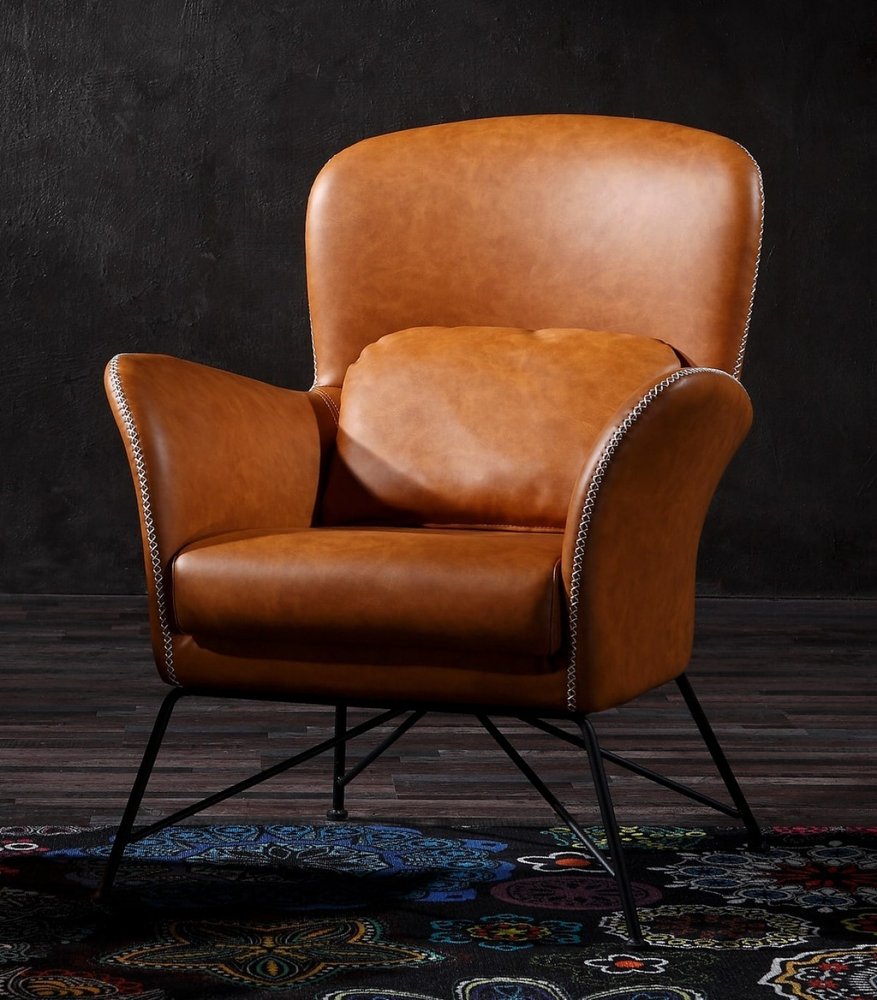 28" Brown And Black Faux Leather Arm Chair And Toss Pillow