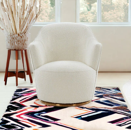 29" White And Gold Upholstered Swivel Barrel Chair