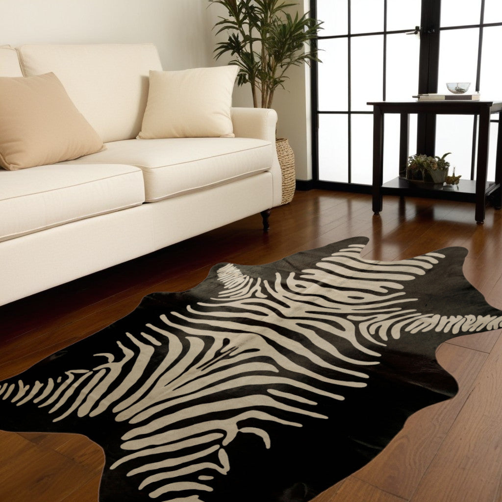 6' X 7' Off White And Black Zebra Print Genuine Cowhide Area Rug